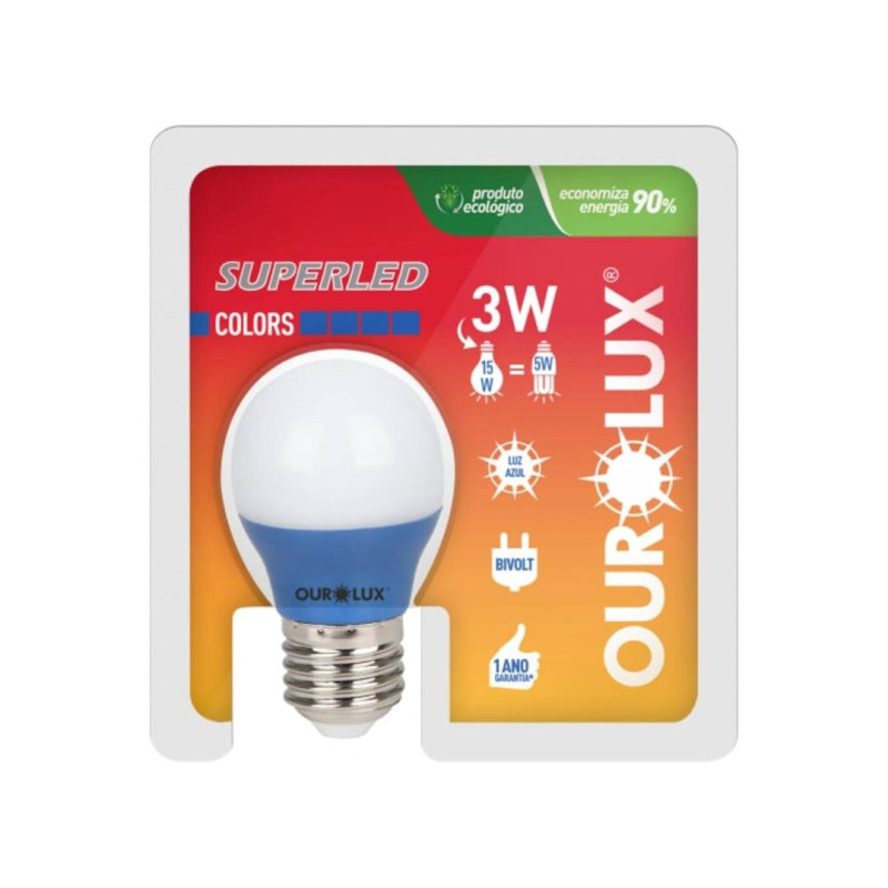 LAMPADA BOLINHA LED AZUL BG45 - OUROLUX E-27 3W